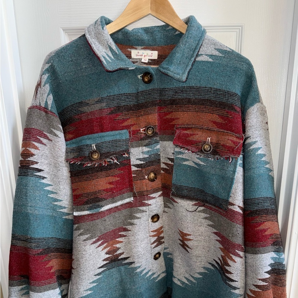 Southwestern Aztec Native Shacket Women’s 1X Western Raw Hem Long Sleeve Comfy